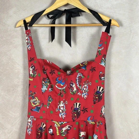 Hell Bunny Tattoo Halter Dress Small Retro Rockabilly Steampunk Pinup Coquette - Picture 3 of 13